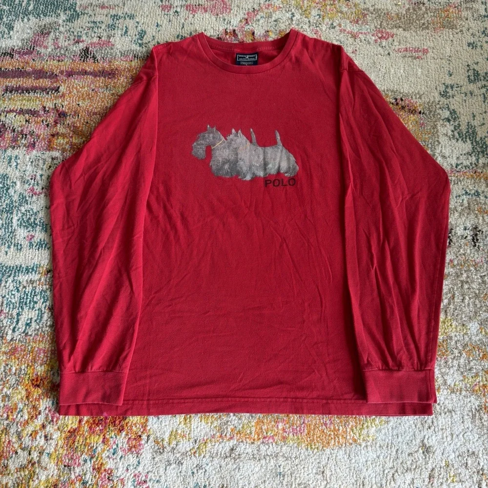 Vintage 90s Polo Sport Ralph Lauren Scottish Terrier Dog Shirt Red Men's L